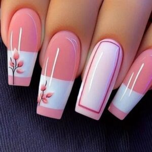 🔥3/$21 Pink and White Floral Press On  Nails
